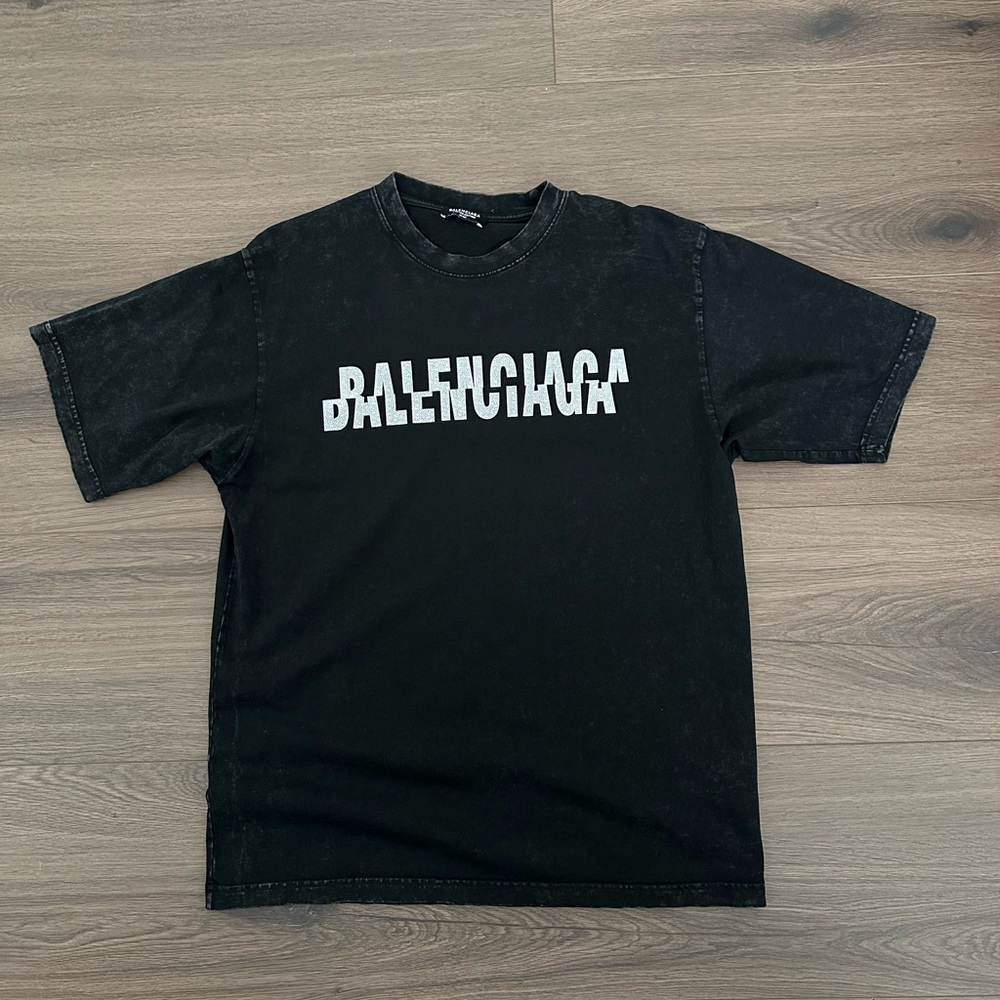 Balenciaga Distressed Black Tee with White Logo